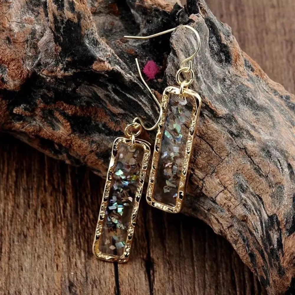 Boho Gilded Gold Rectangular Shell Dangle Earrings